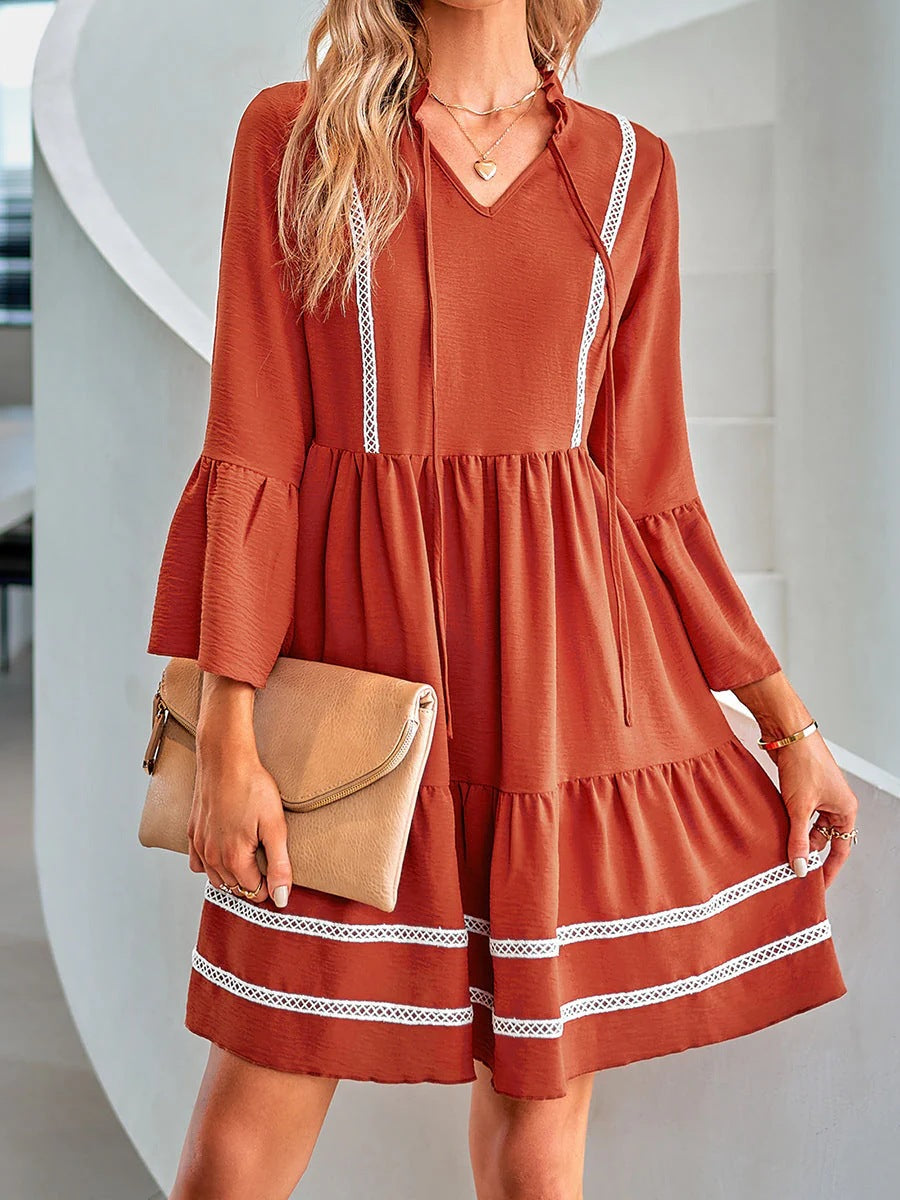 Women Layered Tunic Dress with V-Neck, Drawstring and Bell Sleeves Mune Fashion