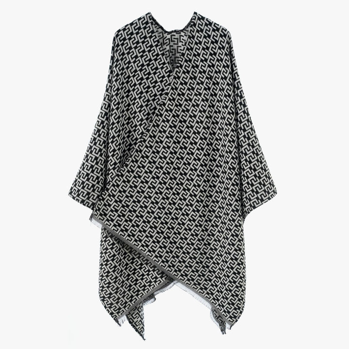 Women's Open Jacquard Poncho in Kimono Cut with Geometric Allover Pattern Mune Fashion