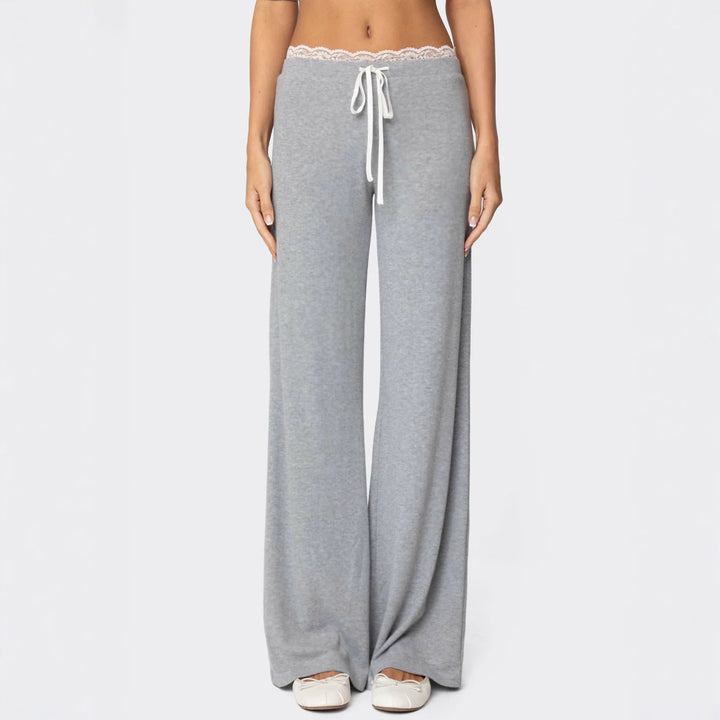 Ladies wide lounge pants with lace band and drawstring Mune Fashion