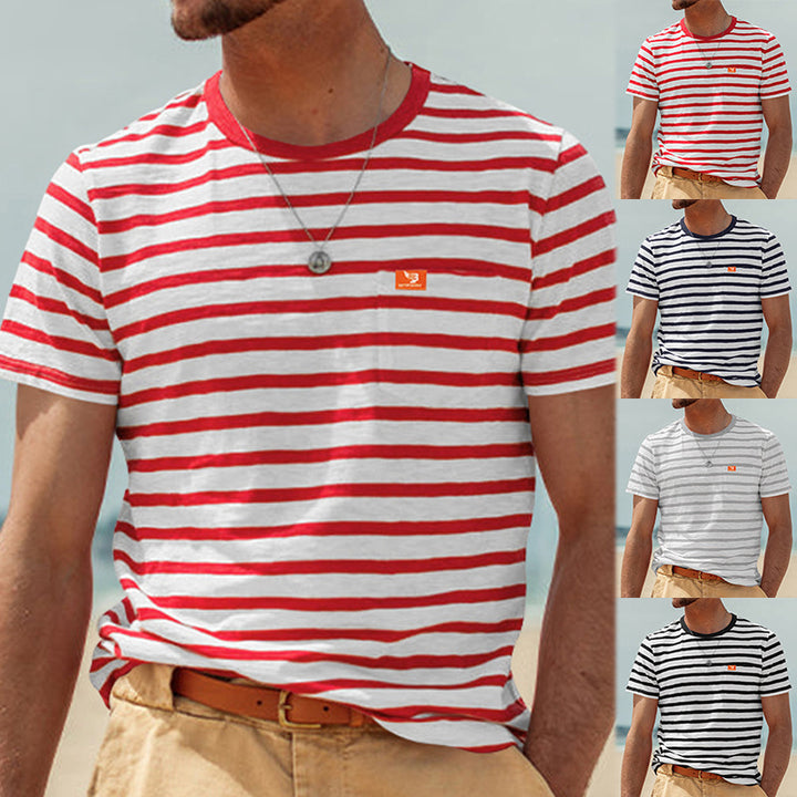 Men's striped short-sleeve T-shirt made of cotton jersey with chest pocket and contrasting round neckline Mune Fashion