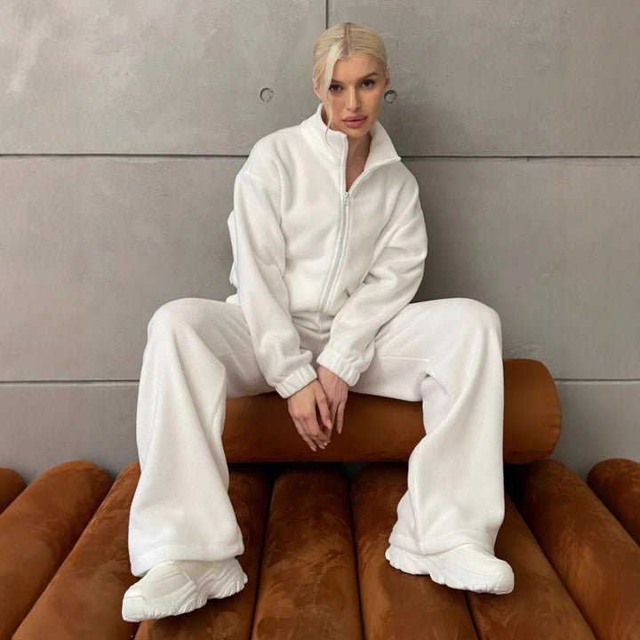Women Comfortable Fleece Loungewear Set with Short Zip Top and Wide High Waist Pants Mune Fashion
