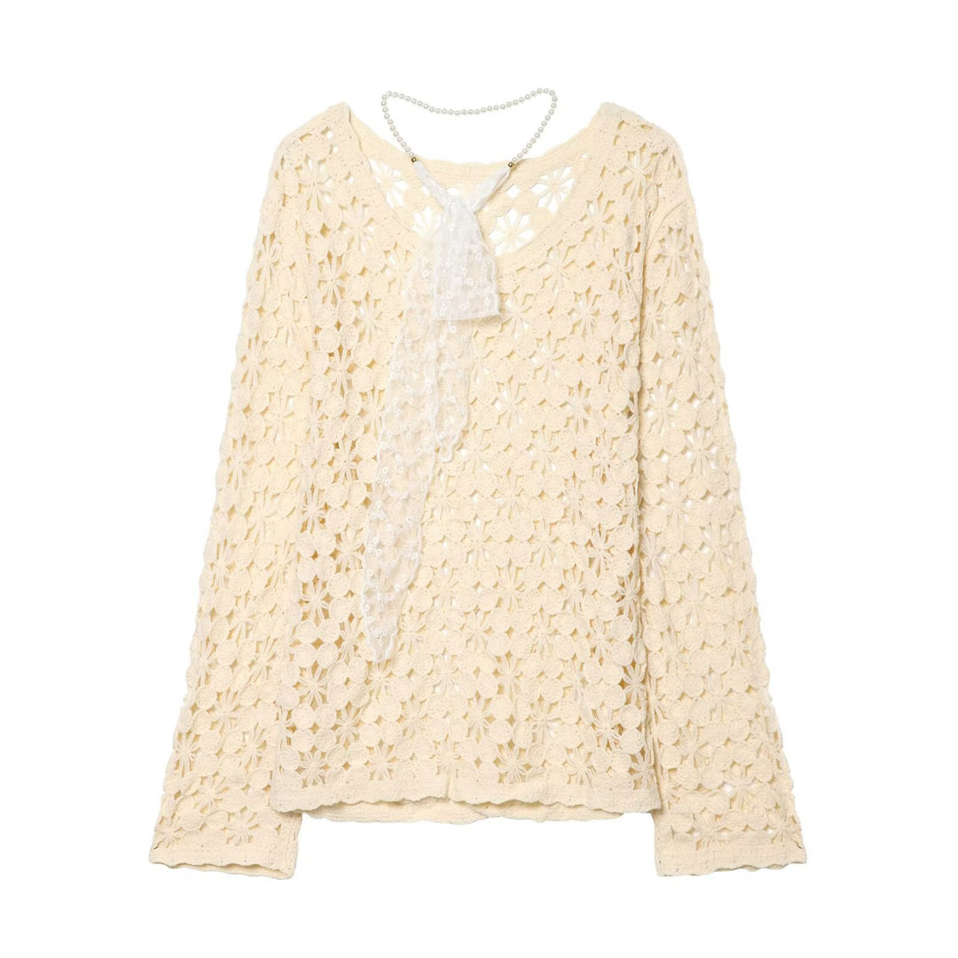Women's crochet pullover with floral lace look, scallop hem, and delicate ribbon Mune Fashion