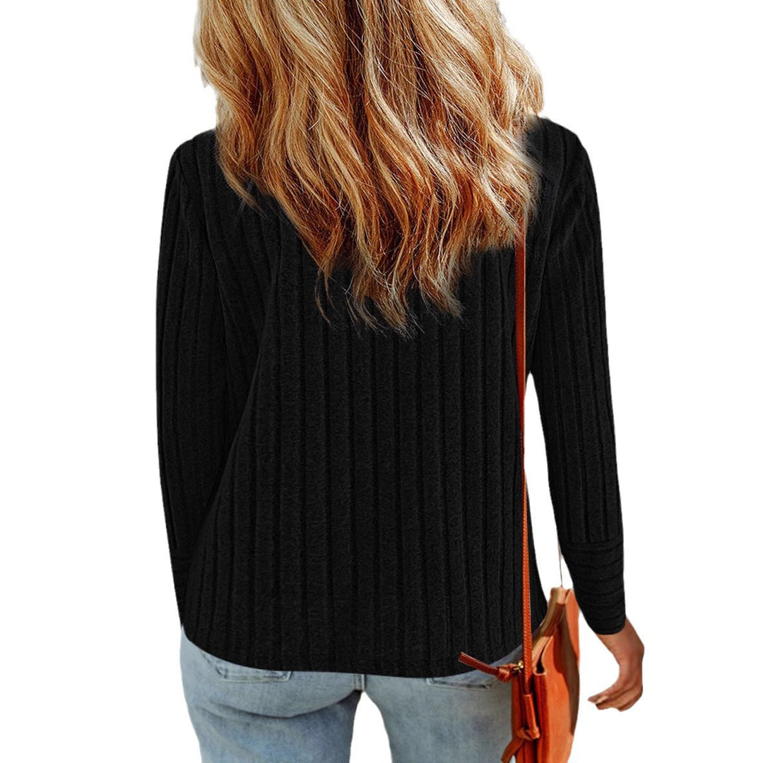 Women Ribbed Fine Knit Sweater with Round Neck and Mother of Pearl Button Cuffs Mune Fashion