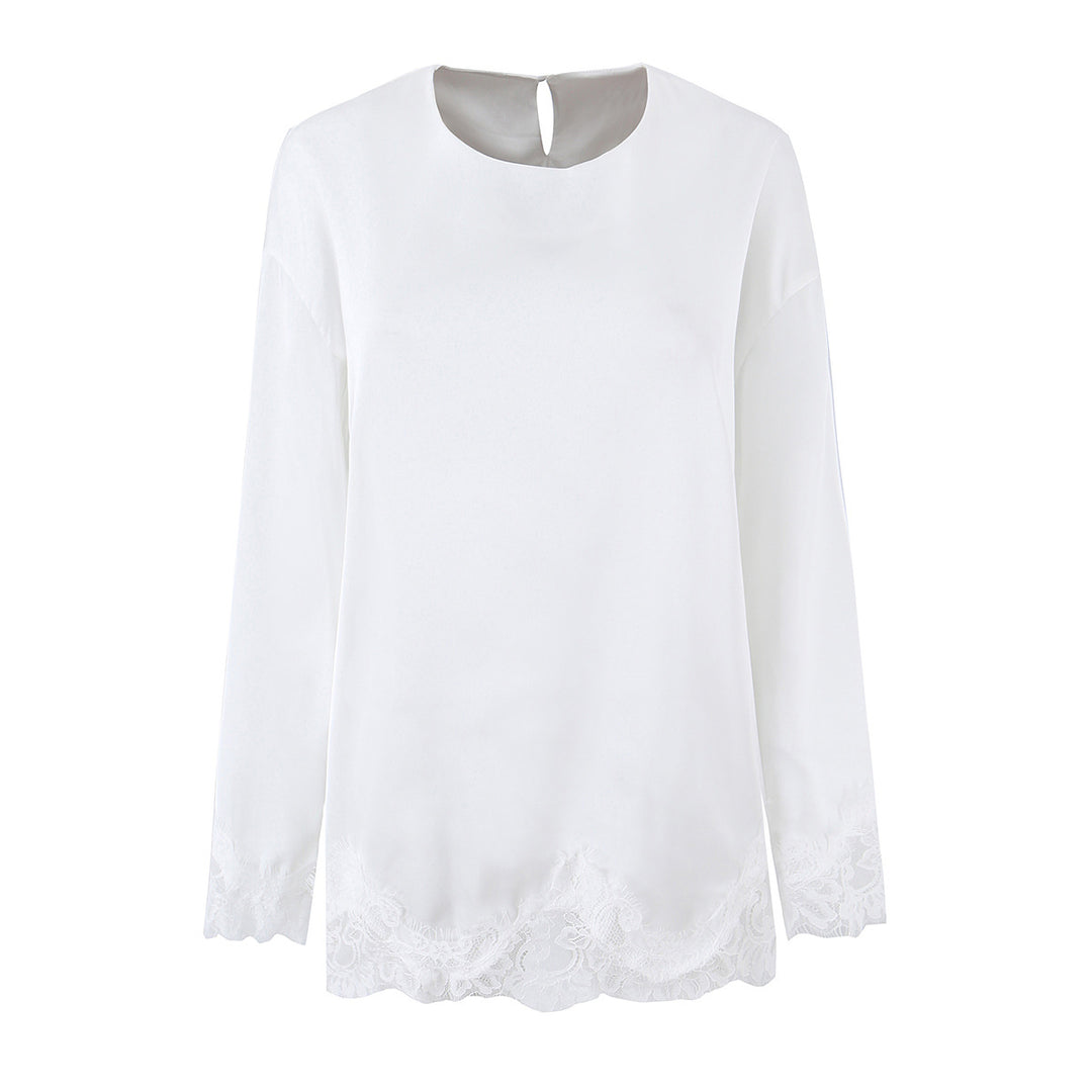 Women Silk Long Sleeve Shirt with Lace Trim at Hem and Cuffs Mune Fashion