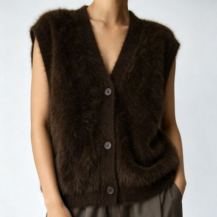 Women's Fluffy Sleeveless Button Vest made of Mohair Blend with Deep V-Neck Mune Fashion