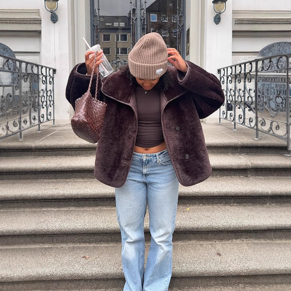 Women's Boxy Faux Fur Jacket with Voluminous Shawl Collar and Boxy Silhouette Mune Fashion