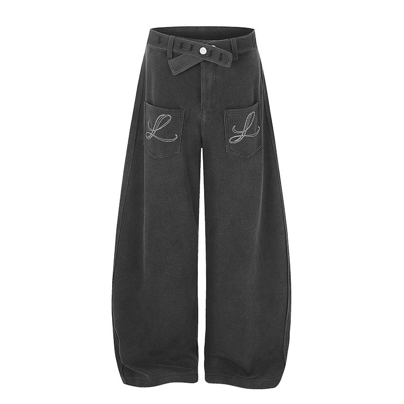 Women's Wide High-Waist Palazzo Jogging Pants with Pockets, Decorative Embroidery and Adjustable Belt Mune Fashion
