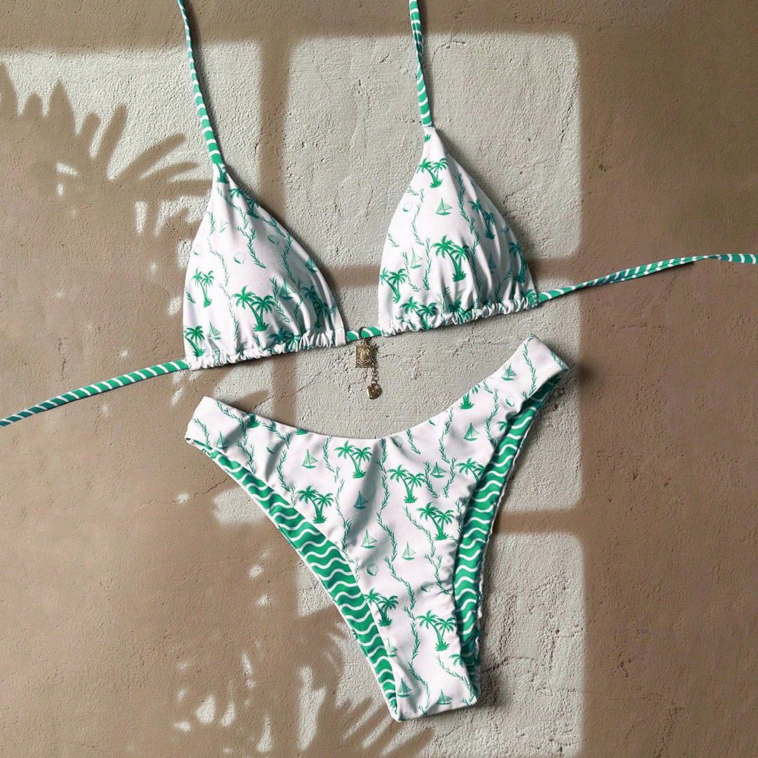 Women Triangle Bikini with Tropical Pattern Mune Fashion