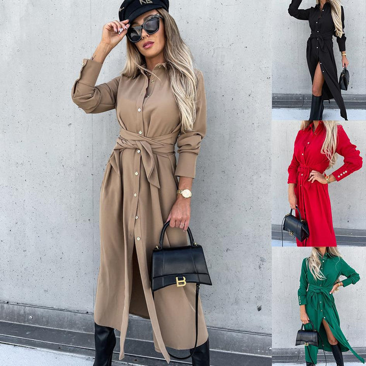 Women's Tailored Shirt Blouse Midi Dress with Tied Belt, Cuffs and Front Slit Mune Fashion