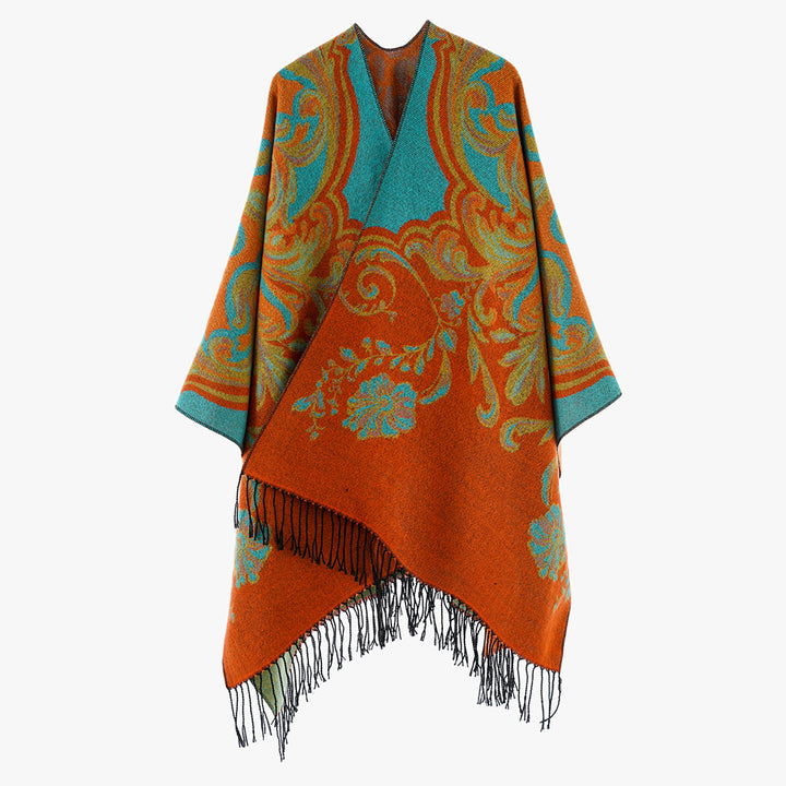 Women's Baroque Jacquard Cape with Asymmetrical Hem and Fringes