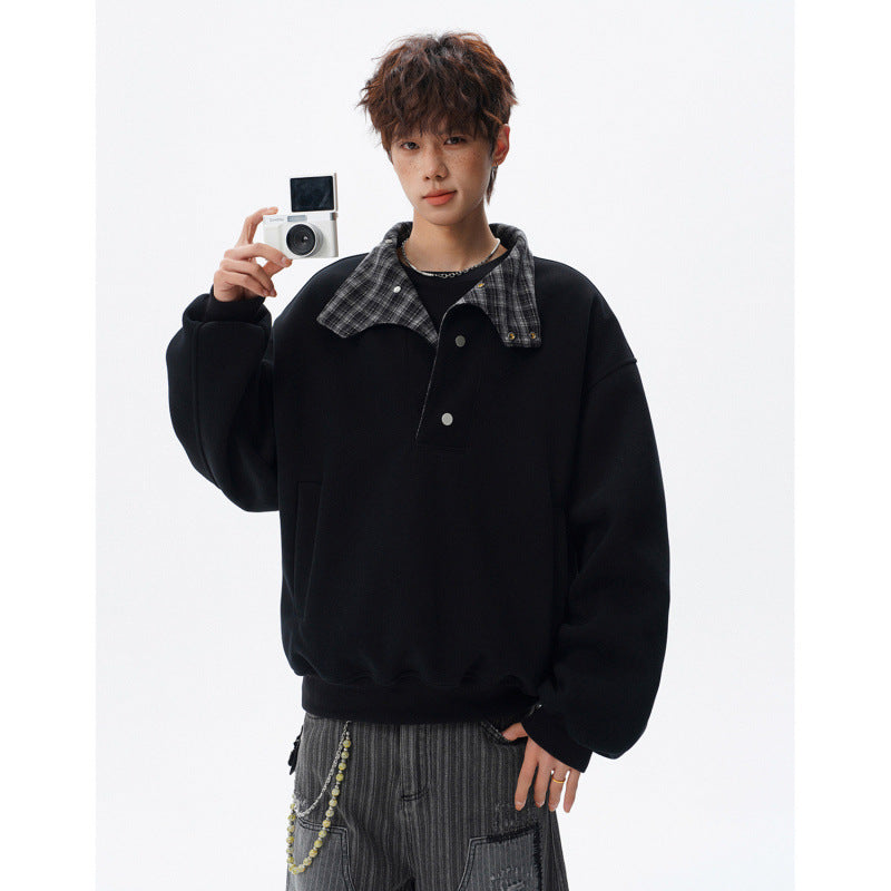 Unisex Oversized Sweatshirt with detachable checked collar and snap button placket Mune Fashion