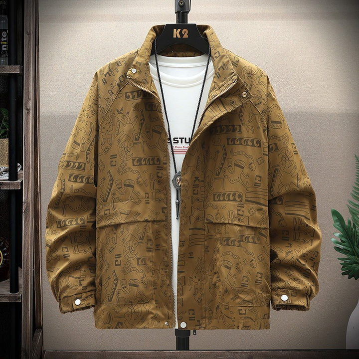 Men's lightweight overshirt utility jacket with allover print, stand-up collar & concealed zipper Mune Fashion