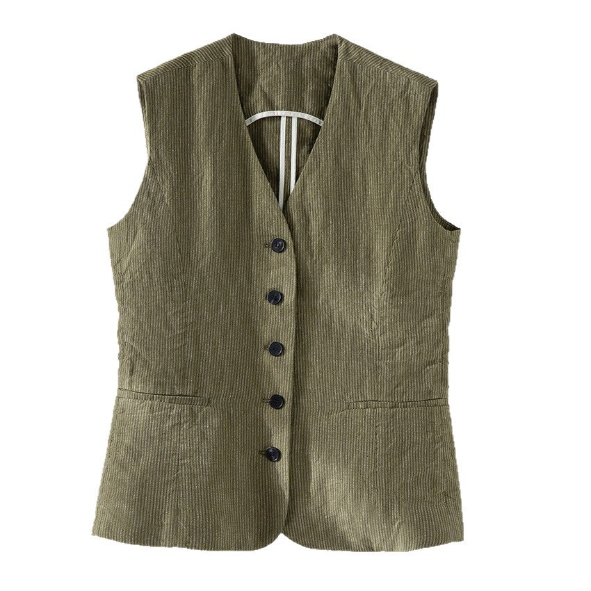 Women Tailored Cord Waistcoat with V-Neck and Button Placket Mune Fashion