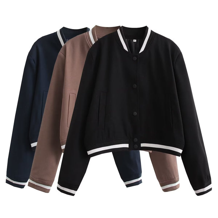 Women nan short college bomber jacket with snap button closure, ribbed stripe waistband and side pockets Mune Fashion