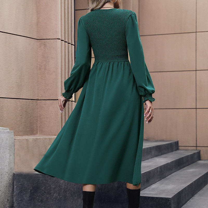 Women’s Midi Dress with Smock Insert and Long Sleeves Mune Fashion