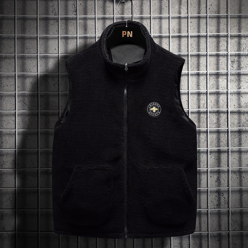 Men's Padded Teddy Fleece Vest with Hood, Full Zip and Letter Patch Mune Fashion
