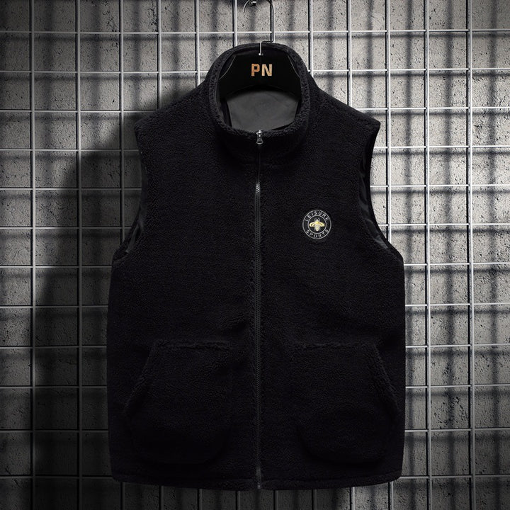 Men's Padded Teddy Fleece Vest with Hood, Full Zip and Letter Patch Mune Fashion