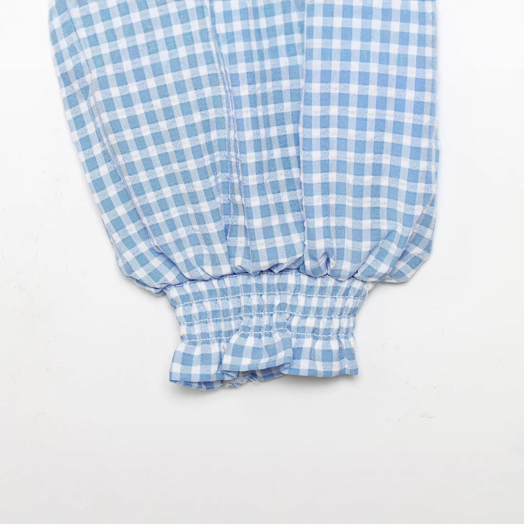 Women's Cropped Tie Shirt with Vichy Check, Ruffle Hem and Balloon Sleeves Mune Fashion