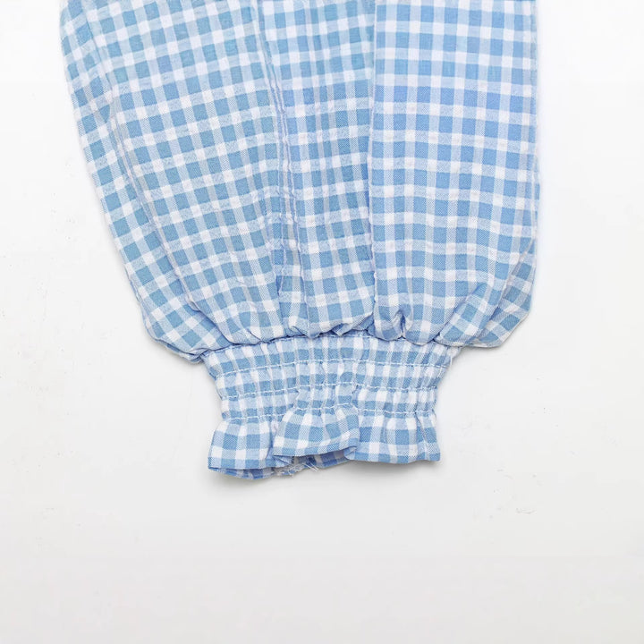 Women's Cropped Tie Shirt with Vichy Check, Ruffle Hem and Balloon Sleeves Mune Fashion