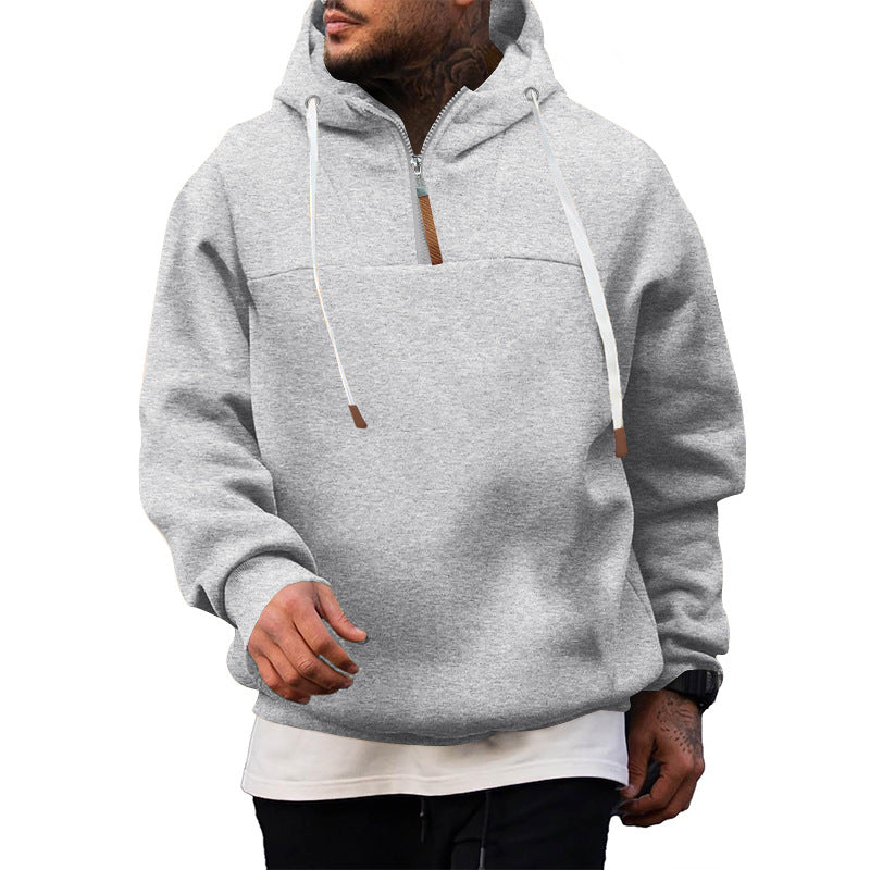 Men's Fleece Half-Zip Hoodie with Hood, Drawstring, and Elastic Cuffs Mune Fashion