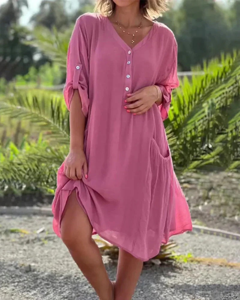 Ladies light V-neck tunic dress with button placket, patch pocket and roll-up sleeves Mune Fashion