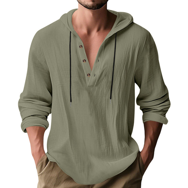 Men's Casual Hooded Henley Linen Blend Overshirt with Drawstring Mune Fashion