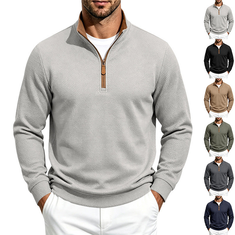 Men's Half-Zip Pullover with Waffle Texture and Contrast Collar Mune Fashion