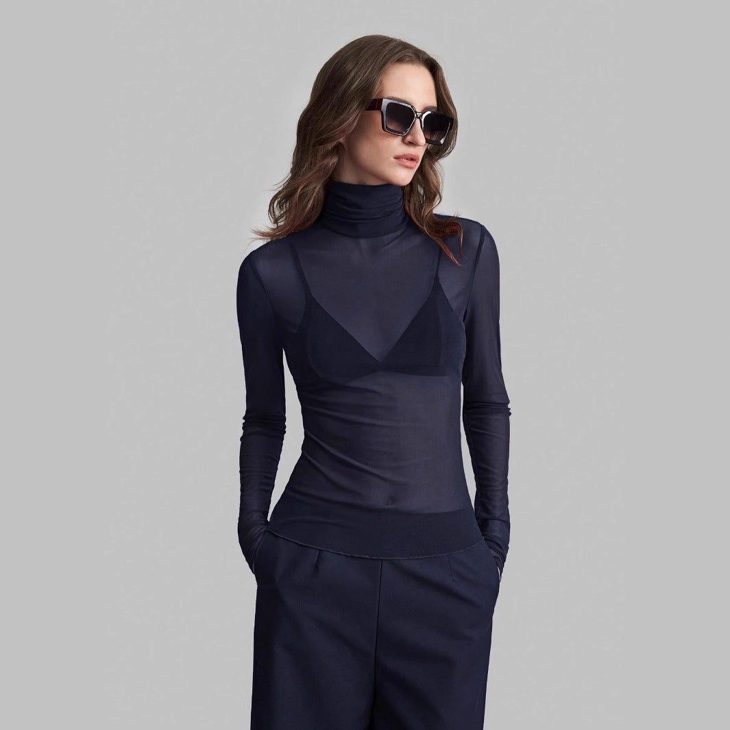 Women's Transparent Turtleneck Blouse with Figure-Shaping Cut Mune Fashion
