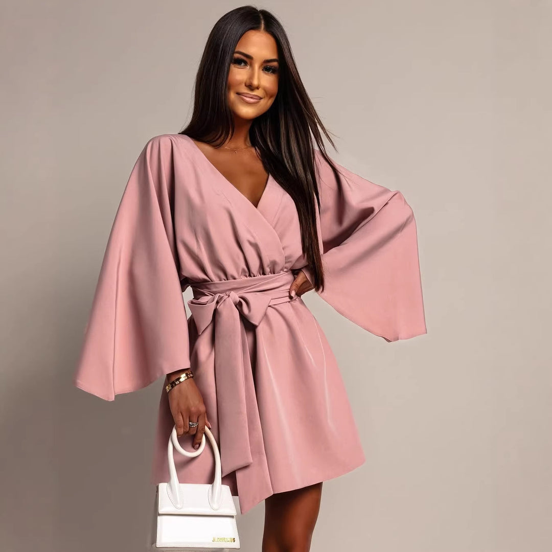 Women's Wrap Mini Dress with Kimono Sleeves and Waist Belt Mune Fashion
