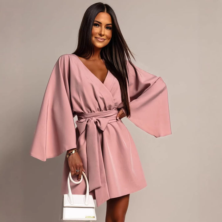 Women's Wrap Mini Dress with Kimono Sleeves and Waist Belt Mune Fashion