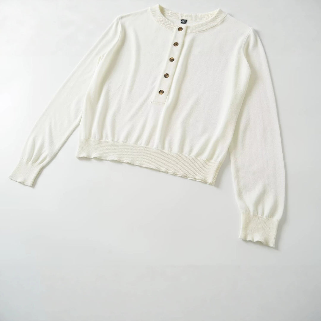 Women's Lightweight Fine Knit Henley with Button Placket, Round Neck and Elastic Ribbed Cuff Drune