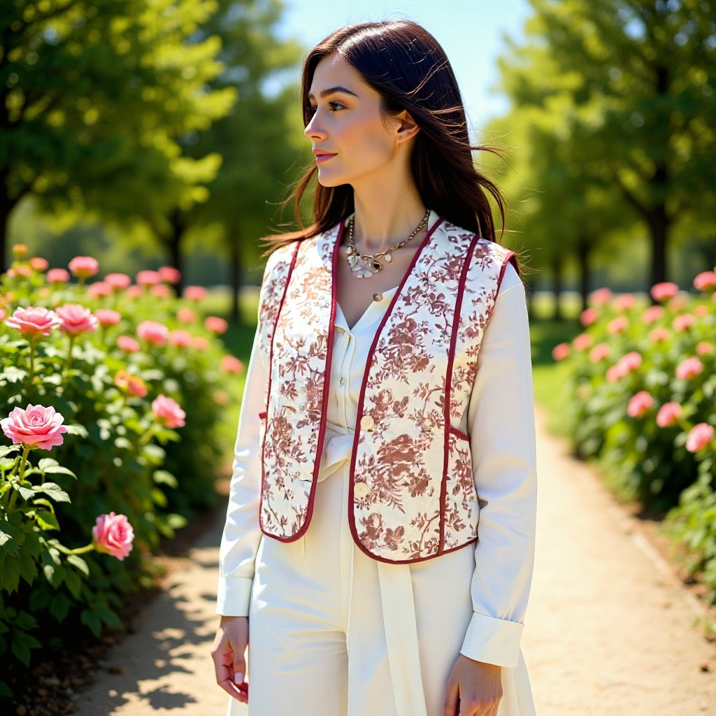 Ladies Quilted Gilet in Country House Style with Floral Toile Look and Pockets Mune Fashion
