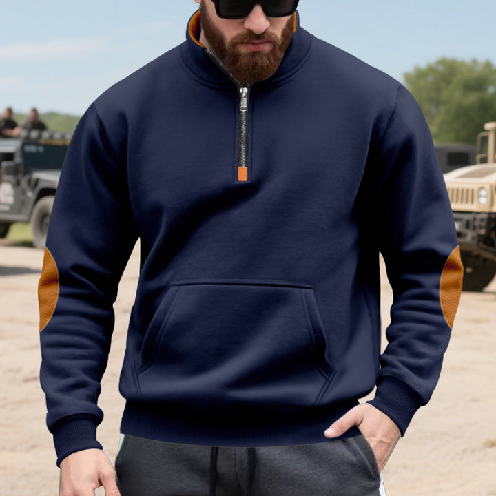 Men's half-zip sweatshirt with stand-up collar, kangaroo pocket, and contrasting elbow patches Mune Fashion