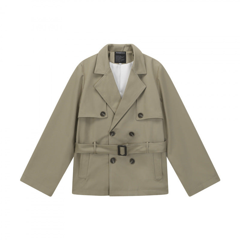 Unisex Short Double Blouson Trench Coat with Waist Belt and Boxy Silhouette Mune Fashion