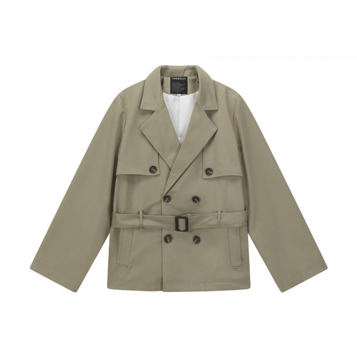 Unisex Short Double Blouson Trench Coat with Waist Belt and Boxy Silhouette Mune Fashion