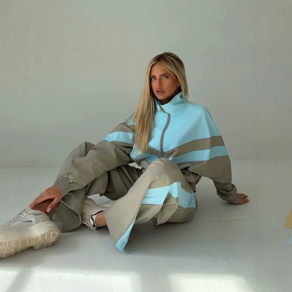 Women's Oversized Tracksuit Set with Stand Collar and Contrast Stripes Mune Fashion