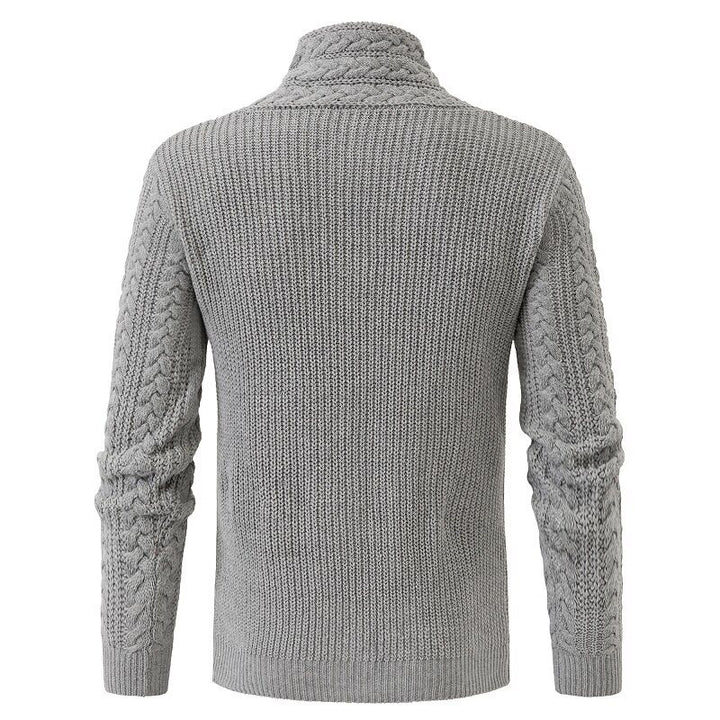 Men's knitted sweater with shawl collar, cable pattern, and distinctive buckle closures Mune Fashion