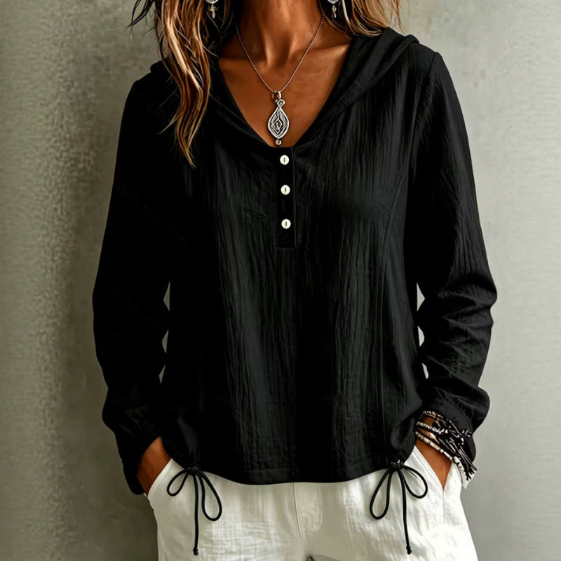 Women's Light Hooded Blouse made of Cotton Crinkle with Button Placket and Drawstring Hem Mune Fashion