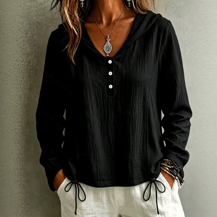 Women's Light Hooded Blouse made of Cotton Crinkle with Button Placket and Drawstring Hem Mune Fashion