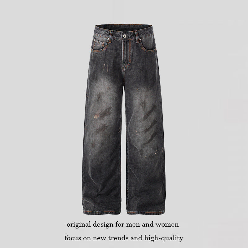 Women High-Cut Loose Distressed Denim Culotte Jeans with Paint-Splatter and Used Effect Mune Fashion
