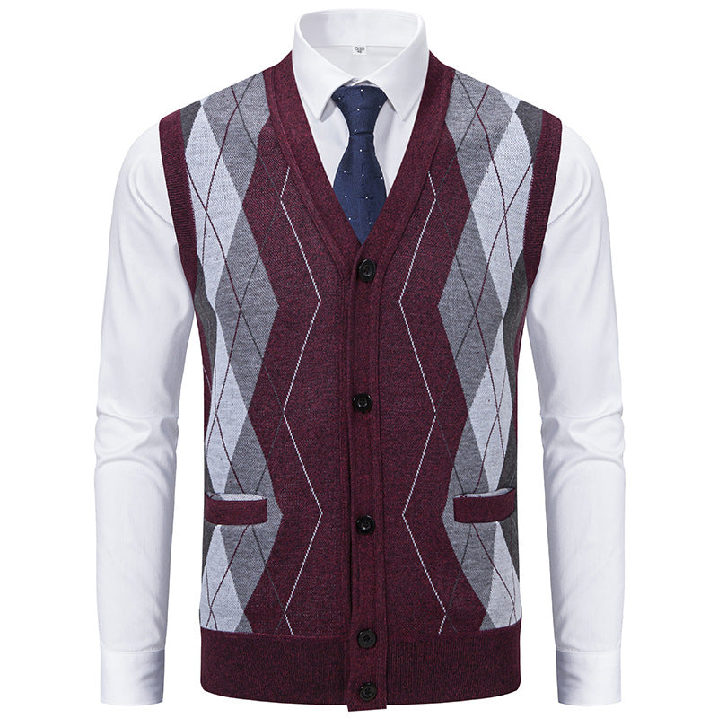 Men's sleeveless wool blend vest with V-neck, Argyle diamond pattern, welt pockets and button placket Mune Fashion