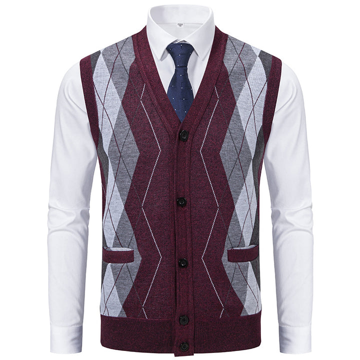 Men's sleeveless wool blend vest with V-neck, Argyle diamond pattern, welt pockets and button placket Mune Fashion
