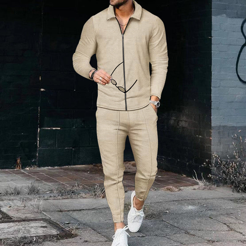 Men's casual waffle texture tracksuit with shirt collar, concealed zipper and drawstring pants Mune Fashion