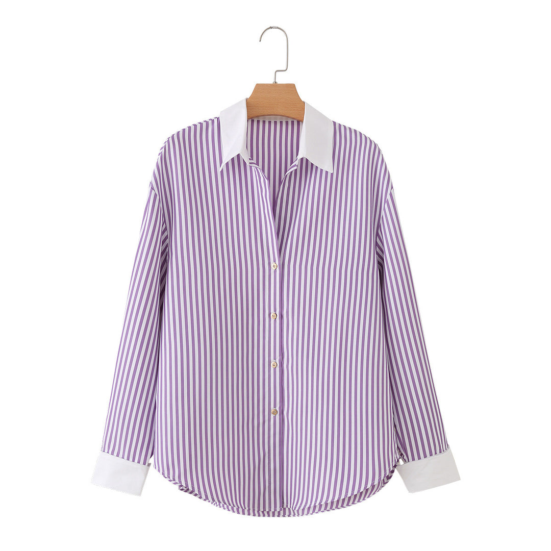 Women's Oversized Shirt Blouse with Contrasting Kent Collar and Rounded Hem Mune Fashion