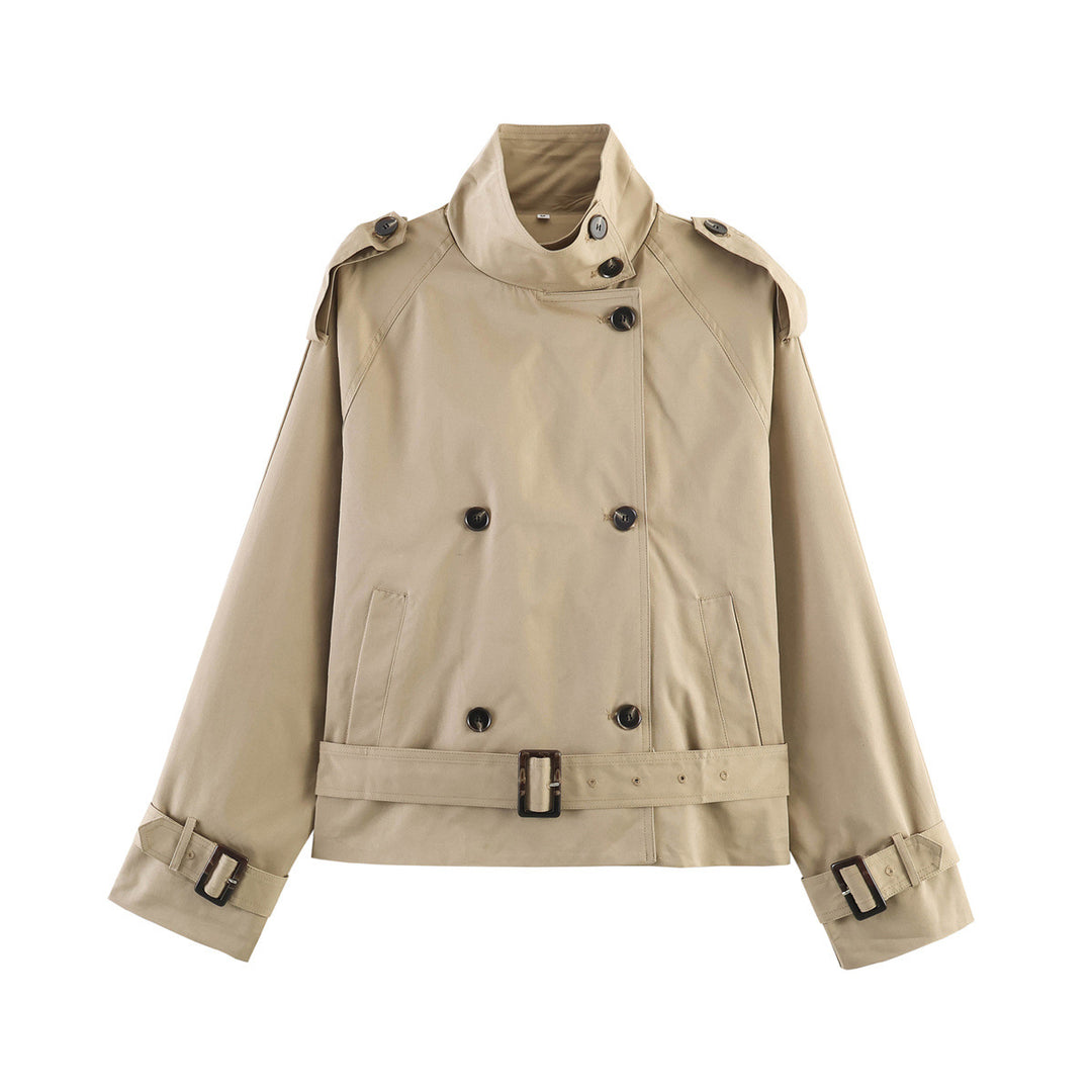 Women's Short Double-Breasted Waist Belt Trench Coat with High Funnel Collar and Shoulder Straps Mune Fashion