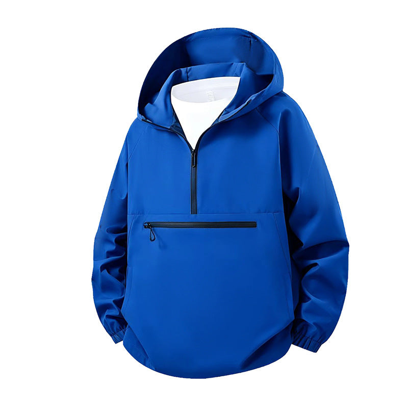 Unisex Lightweight Water-Repellent Hooded Anorak with Half-Zip and Front Zipper Pocket Drune