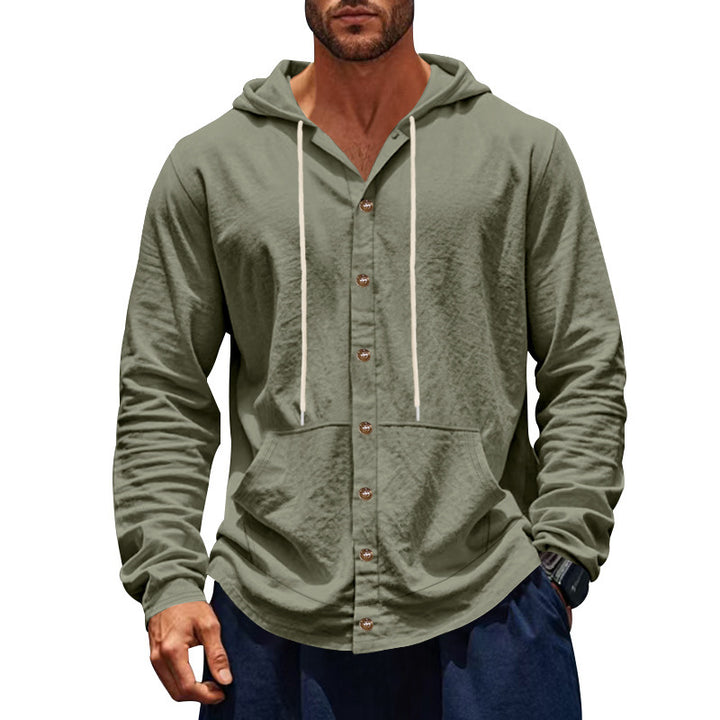 Men's button-closed hooded shirt jacket made of lightweight cotton blend with kangaroo pocket Mune Fashion