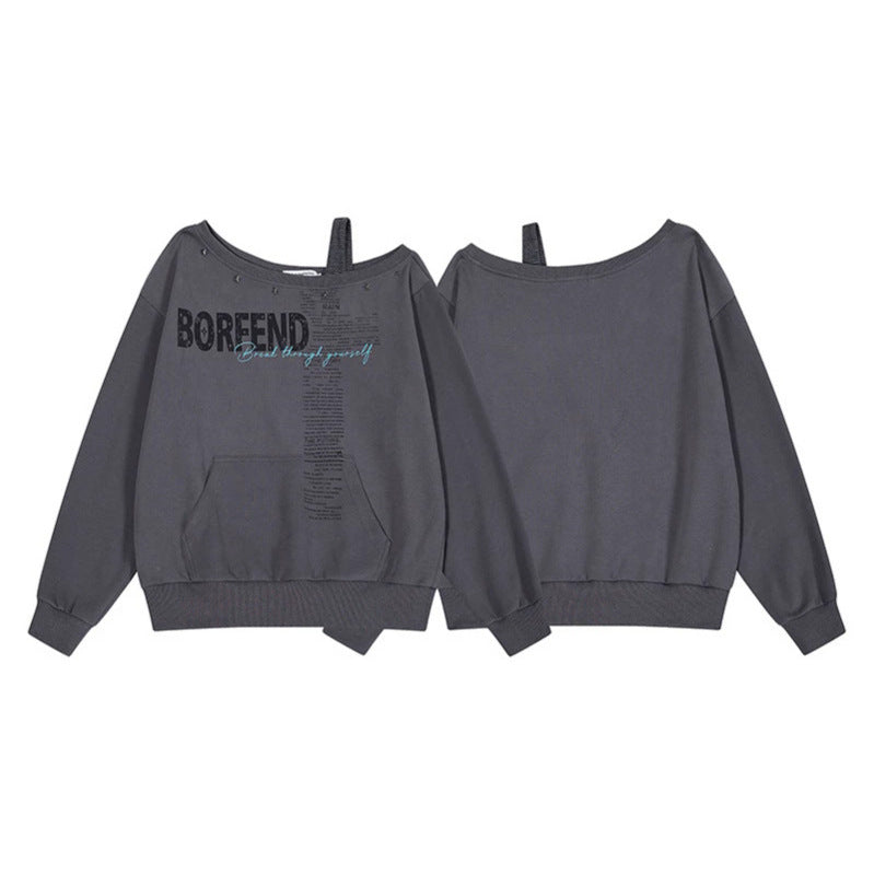 Women's Oversize Sweatshirt with Asymmetric One-Shoulder Strap, Kangaroo Pocket and Studs Mune Fashion