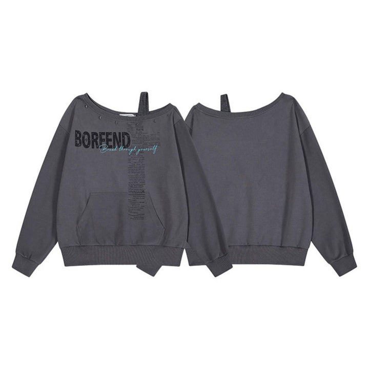 Women's Oversize Sweatshirt with Asymmetric One-Shoulder Strap, Kangaroo Pocket and Studs Mune Fashion