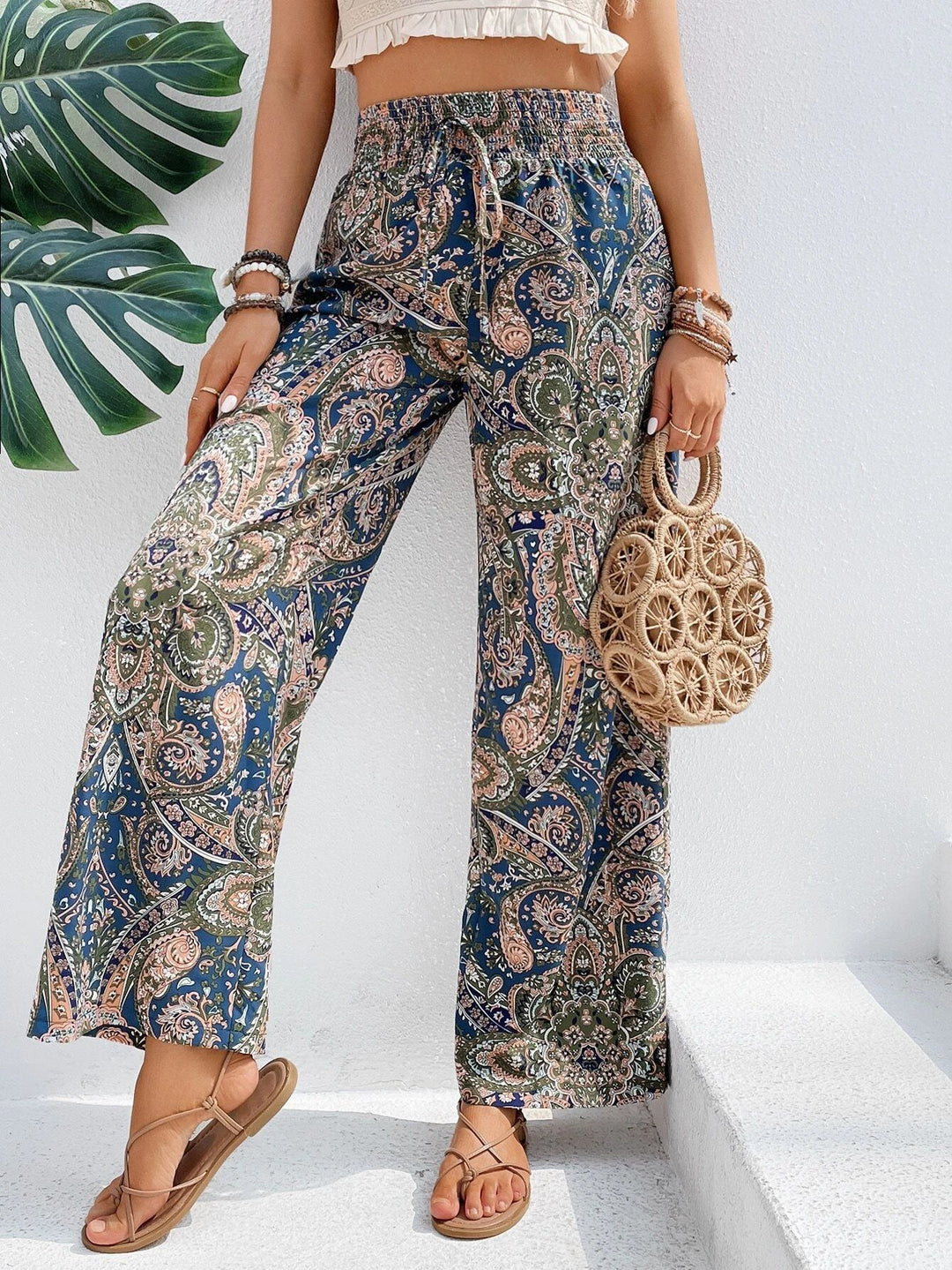 Ladies Palazzo Pants with Wide Leg, Elastic Smocked Waistband and Paisley Print Mune Fashion